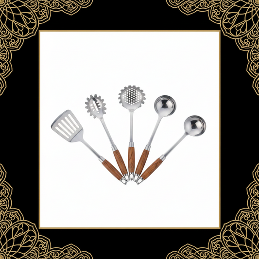 IQCWOOD Cooking Utensils Set 5 Piece Wooden Utensils for Cooking Stainless Steel Cooking Utensils Wooden Spatula Kitchen Tool Set Kitchen Gadgets Wood Cooking Spatula Set for Kitchen